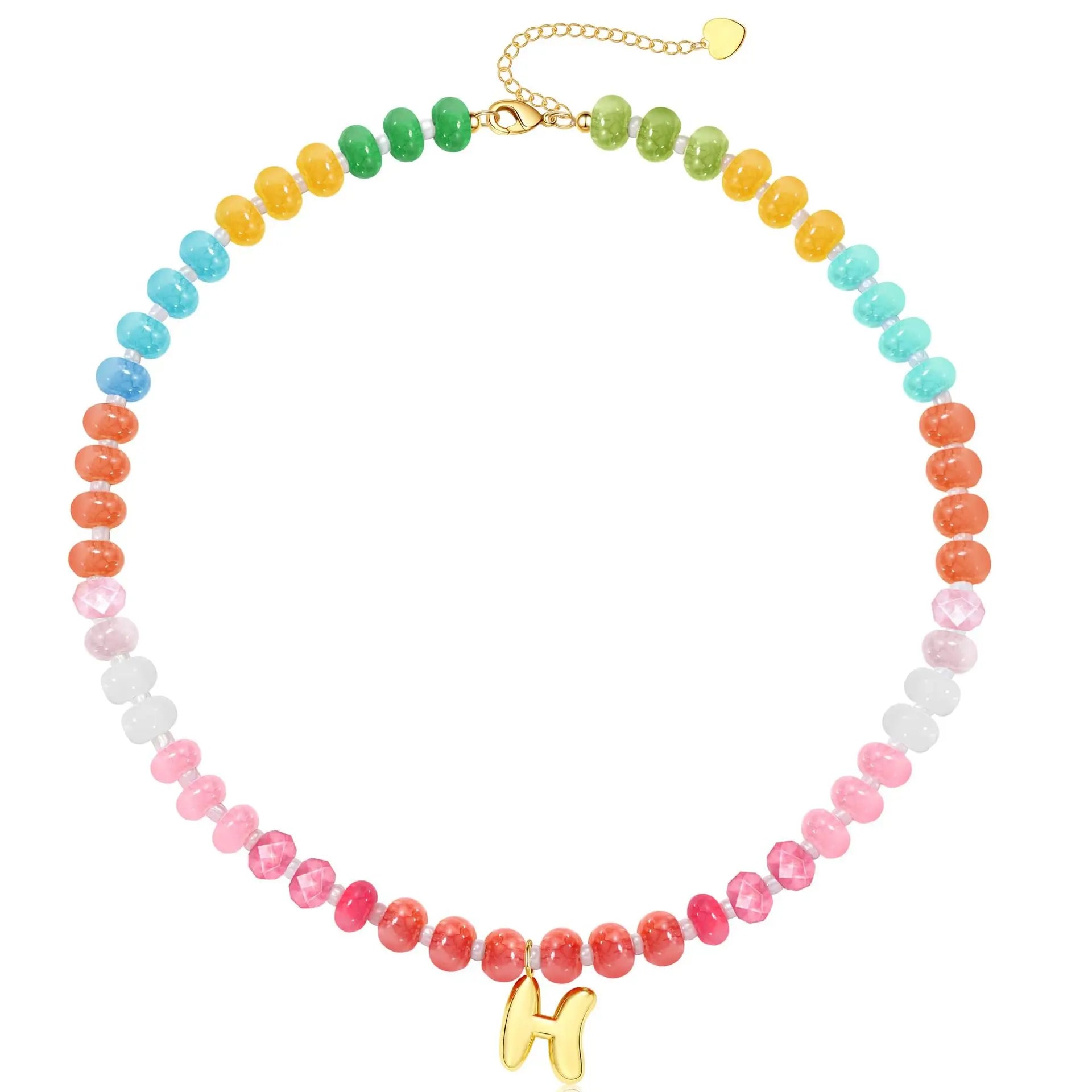 Initial Natural Stone Necklaces Colorful Beaded Boho Necklace Letter A-Z Bead Choker Necklace for Women Summer Beach Jewelry