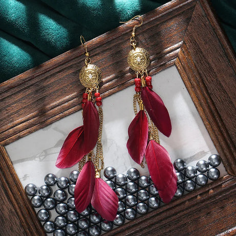 Feather Crystal Flower Bead Long Earrings Jewelry