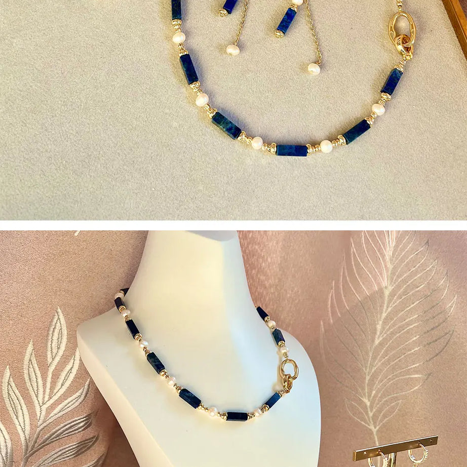 Exclusive Design Personalized Natural Freshwater Pearl Lapis lazuli Necklace Bracelet Earrings Copper Plated 14k Gold Accessorie - Charlie Dolly