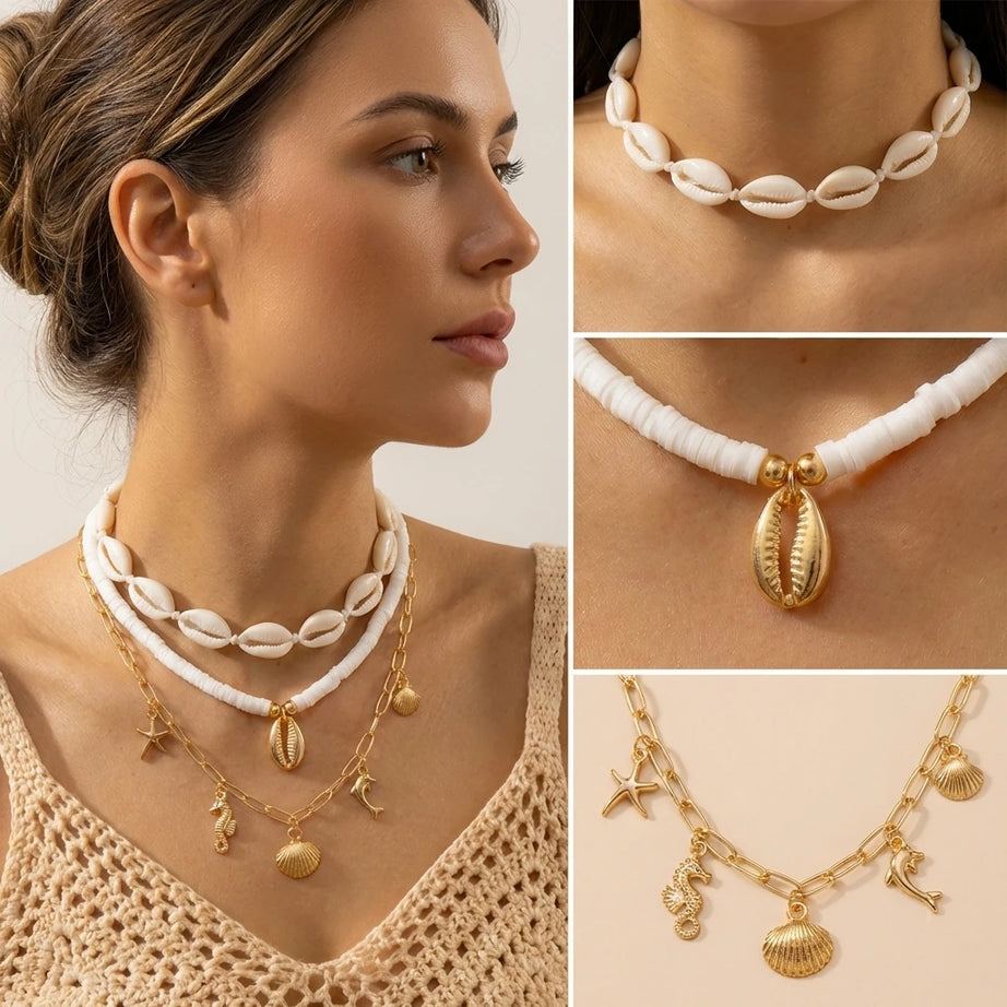 Shell, Starfish and Seahorse Polymer Clay Choker Set (3 Pieces)
