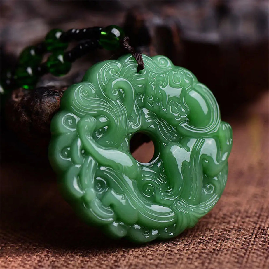 Hand-Carved Green Jade Dragon Pendant Necklace, Chinese Lucky Amulet