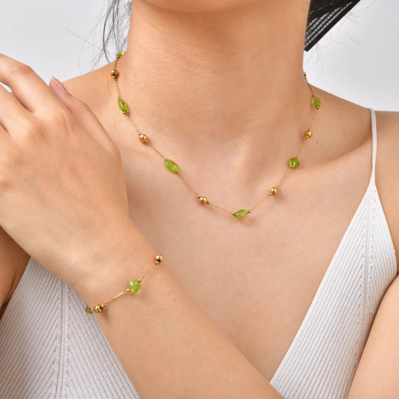 Vnox Stainless Steel Natural Green Stones Spacer Bead Thin Chain Bracelet Summer Boho Seaside Vacation Choker Bracelet Jewelry - Charlie Dolly