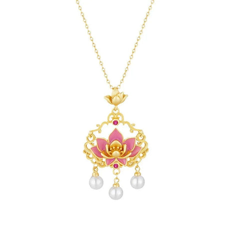 Pink Lotus Ruyi Lock & Pearl Tassel Enamel Necklace, Buddhist Blessing Talisman