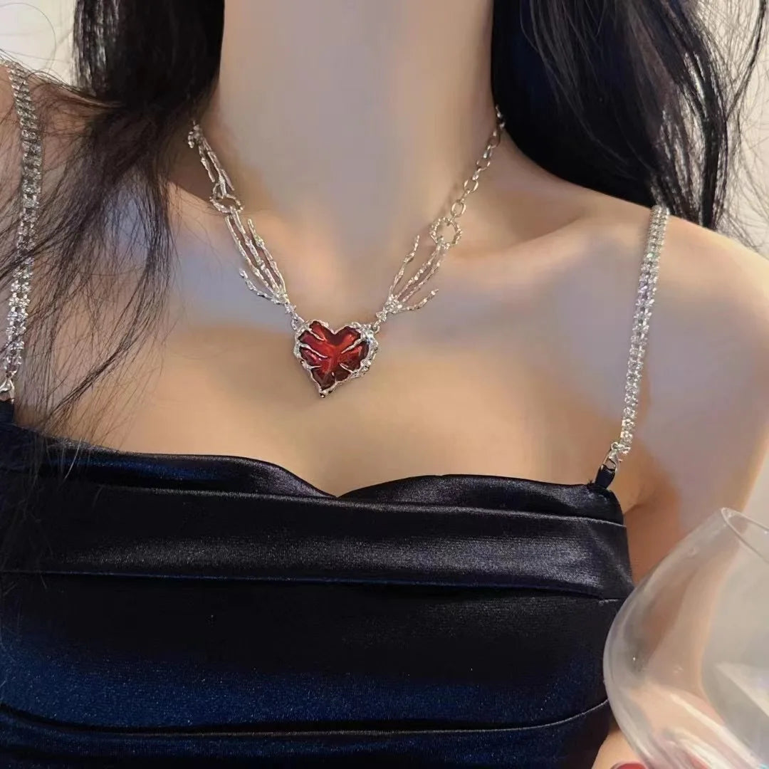 Gothic Vintage Red Heart Ghost Claw Pendant Chain Necklace for Women Men Halloween Punk Y2K Grunge Hip Hop Jewelry Accessories - Charlie Dolly