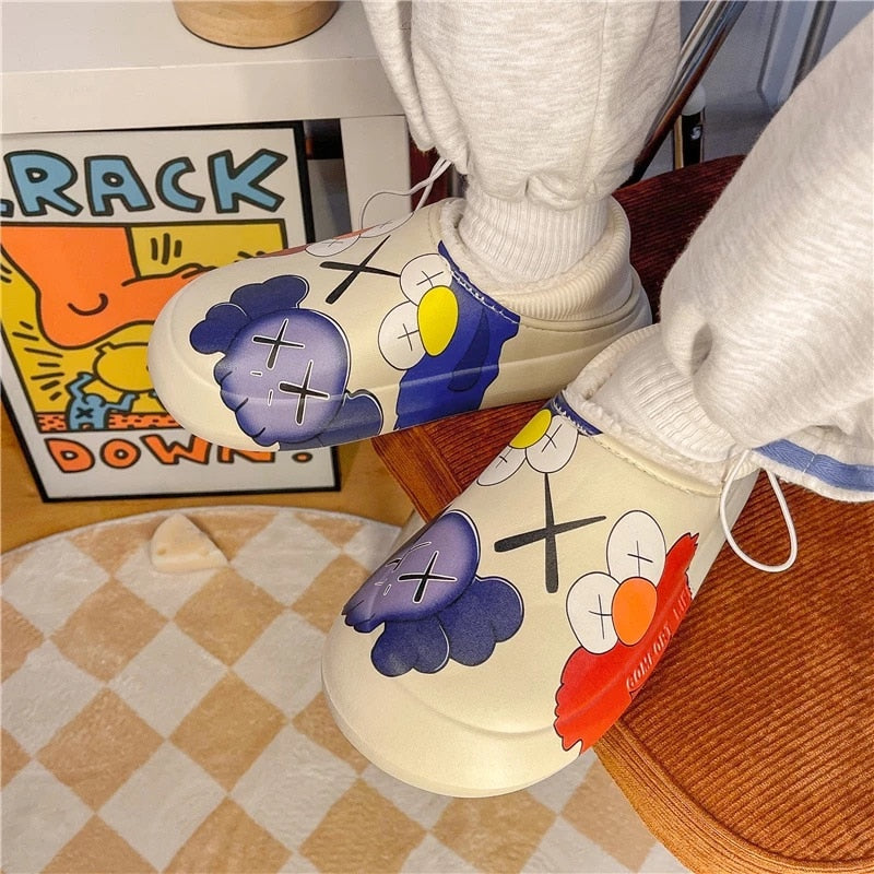 Waterproof Winter Plush Shoes Slippers Women Eva Cartoon Print Fleece Wram Cotton Shoes Couples Outdoor Flats Men Fuzzy Slides Yellow / 40-41