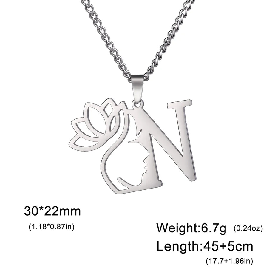 Lotus Flower Initial Letter Pendant, Personalized Stainless Steel Necklace
