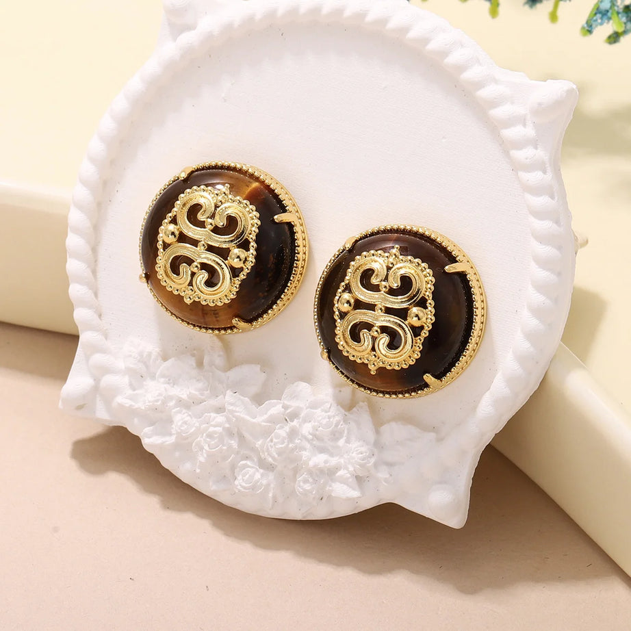 Vintage Gold Color Stud Earrings with Natural Lapis Lazuli/Tiger Eye/Turquoise/Malachite Stone - Elegant Round Statement Jewelry - Charlie Dolly