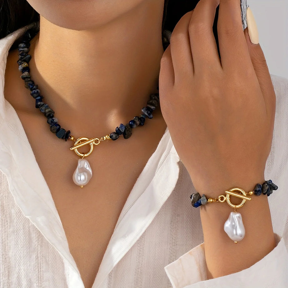 Boho Green Natural Stone Baroque Pearl Jewelry Set 13 Colors Toggle Clasp Necklace Bracelet For Women Fashion Gift - Charlie Dolly