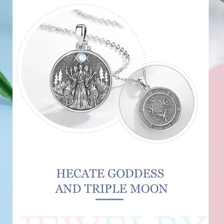 S925 Sterling Silver Hecate & Dog Pendant Necklace, Triple Moon Goddess Moonstone Amulet