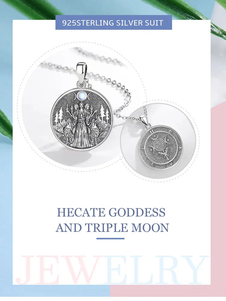 Eudora 925 Sterling Silver Hecate Dog Necklace Triple Moon Goddess Amulet Pendant Moonstone Triple Goddess Jewelry Women Gift