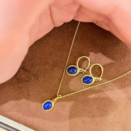Light luxury retro high-end fashion oval lapis lazuli necklace earrings buckle party simple and elegant blue jewelry sets - Charlie Dolly