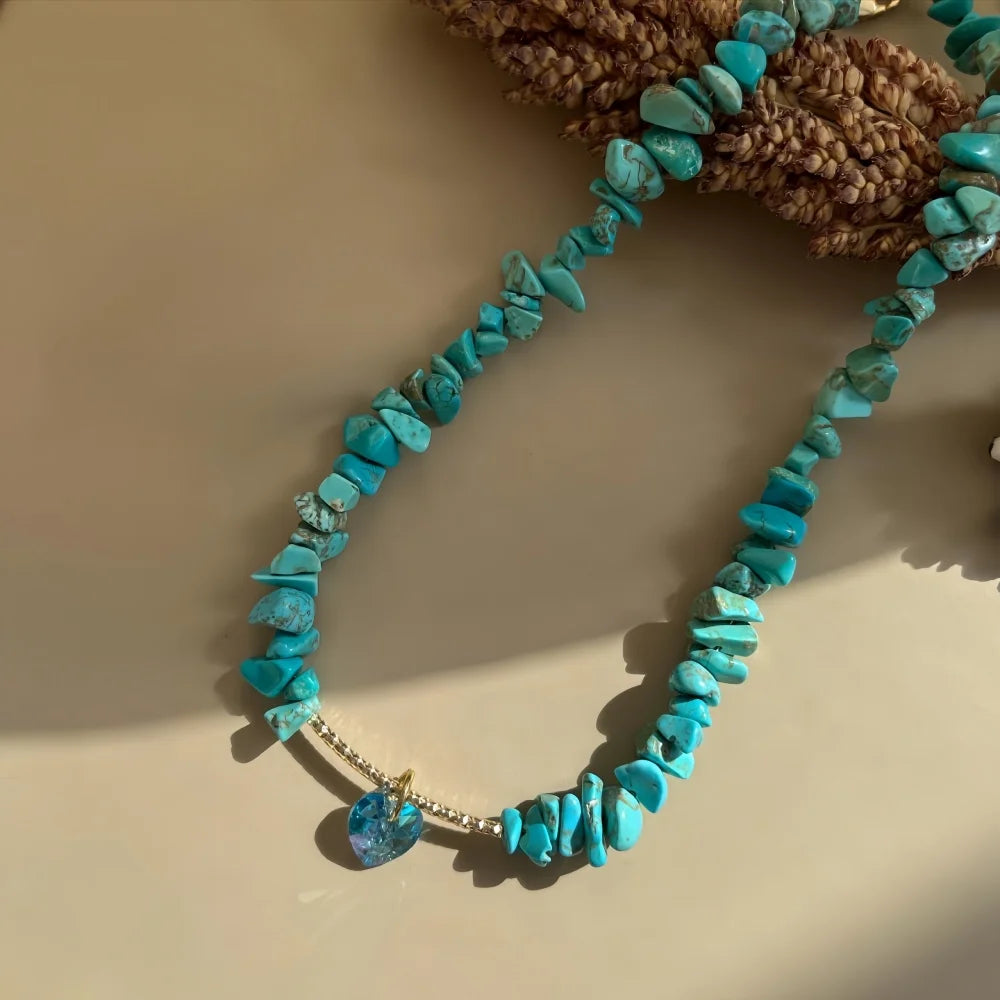Boho Gravel Choker Blue Chip Turquois Pink Natural Stone Chips Necklaces For Women Heart Crystal Pendant Jewelry Gift For Women