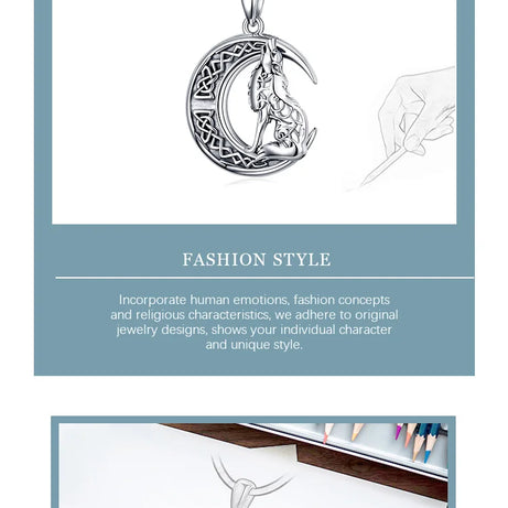 S925 Sterling Silver Wolf & Moon Pendant Necklace, Valknut Odin Norse Viking Amulet