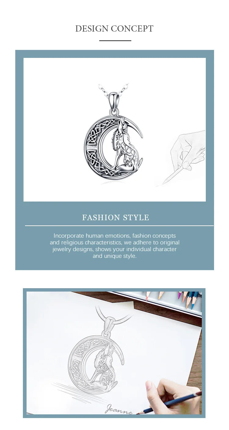 Eudora 925 Sterling silver Wolf on the Moon Necklace Valknut Odin 's Symbol of Norse Viking Warriors Men'women Necklaces CYD554