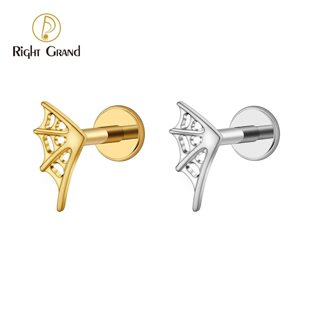 Right Grand ASTM F136 Titanium 16G Spider Web Stud Earring Halloween Internally Threaded Helix Cartilage Tragus Lip Piercing - Charlie Dolly