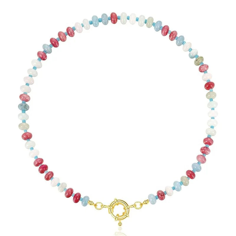 Colorful Boho Natural Stone Surfer Beach Choker 6mm Beaded Gemstone Necklace for Women 14K Gold Plated Handmade Jewelry