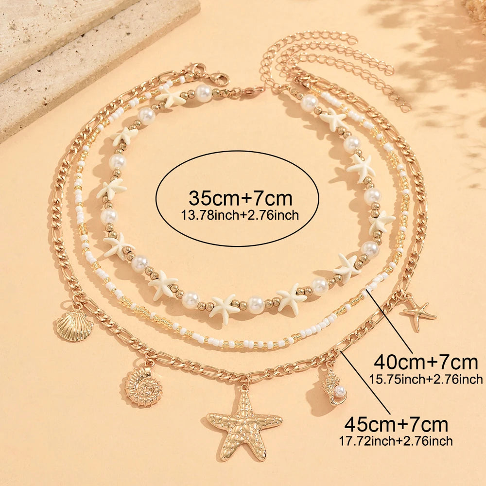 Starfish Shell Faux Pearl Layered Necklace Jewelry