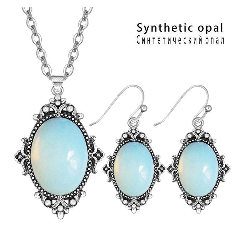 Vintage Look Natural Stone Lapis Lazuli Jewelry Sets Solid Silver Plated Necklace Earrings Flower Fashion Jewelry