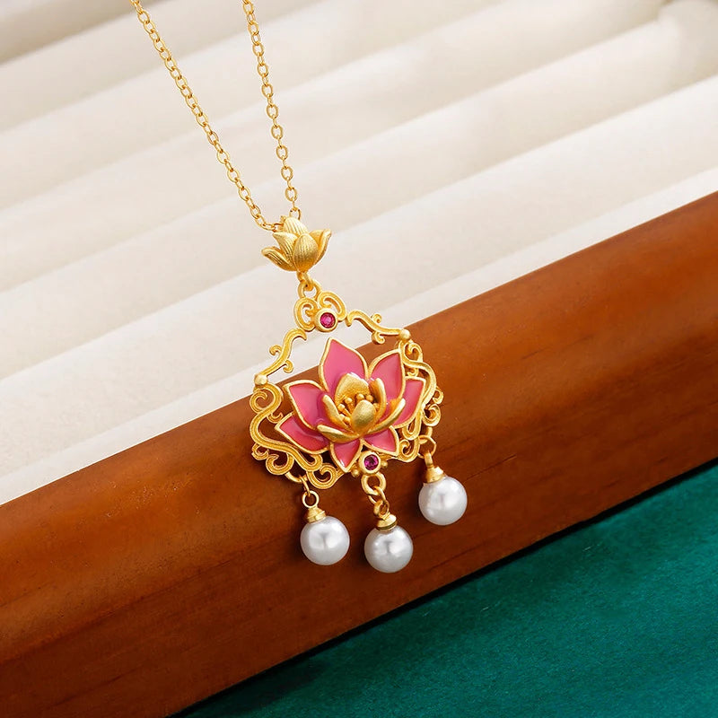 Classic matte pink lotus flower Ruyi lock necklace pearl tassel pendant enamel collarbone chain wedding for women jewelry gift