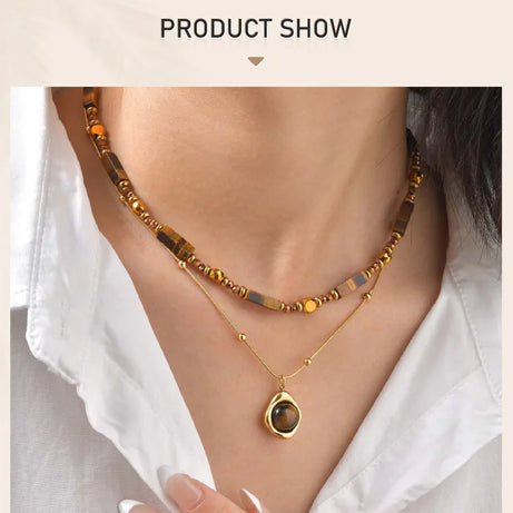 Natural Tiger Eye Necklace for Women, Boho Beaded Pendant Layered Collarbone Chain with Irregular Stone Jewelry - Charlie Dolly