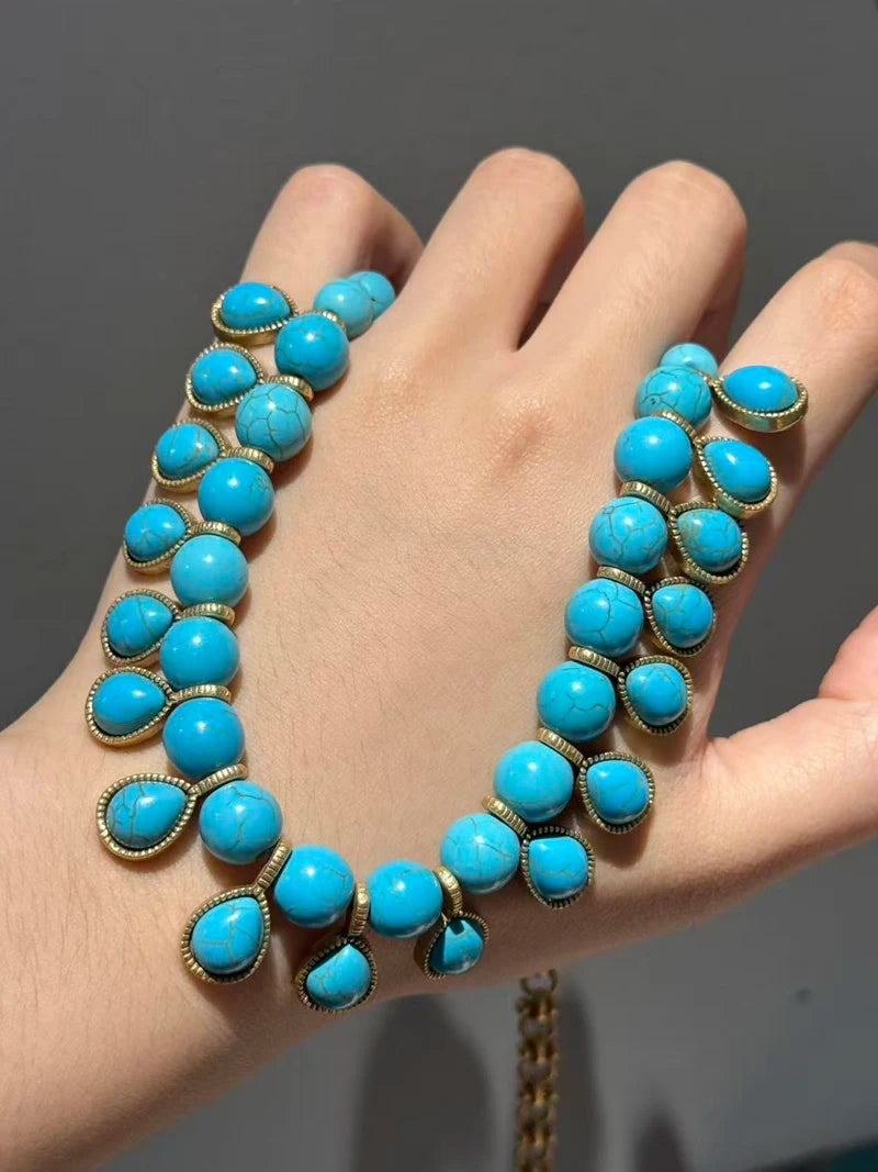 Bohemia Blue Natural Stone Water Drop Beads Chain Choker Necklace Vintage Jewelry for Woman Retro New in Boho Luxury Accessories