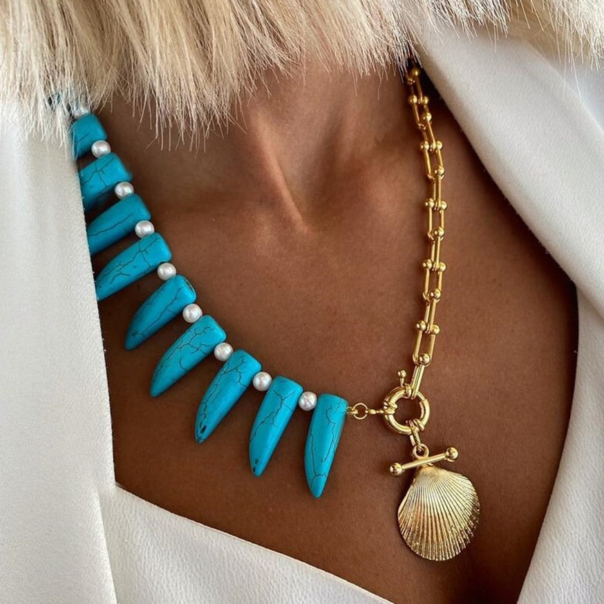 Turquoises Man Women Vintage Glamour Embellishment Necklace Multi-color Irregular Shell Beaded Collar Fashion Avant-garde - Charlie Dolly