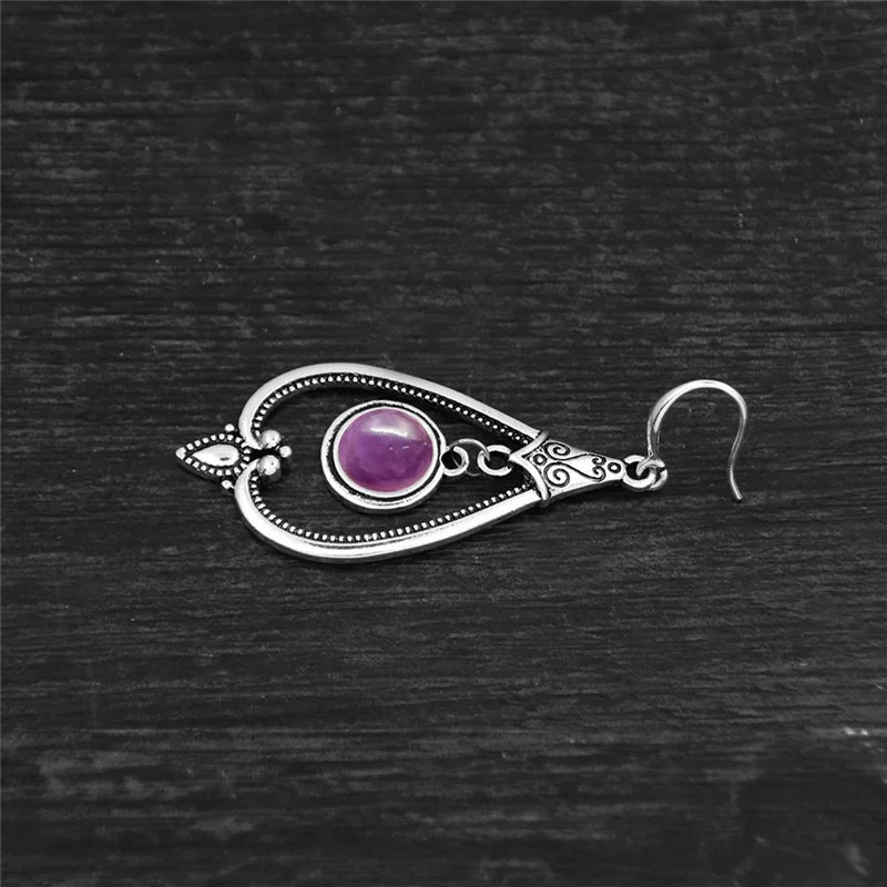 Round Amethysts Drop Earrings For Women Tibetan Silver Natural Stone Rose Quartz Lapis Lazuli Tiger Eye Fashion Dangle Earring