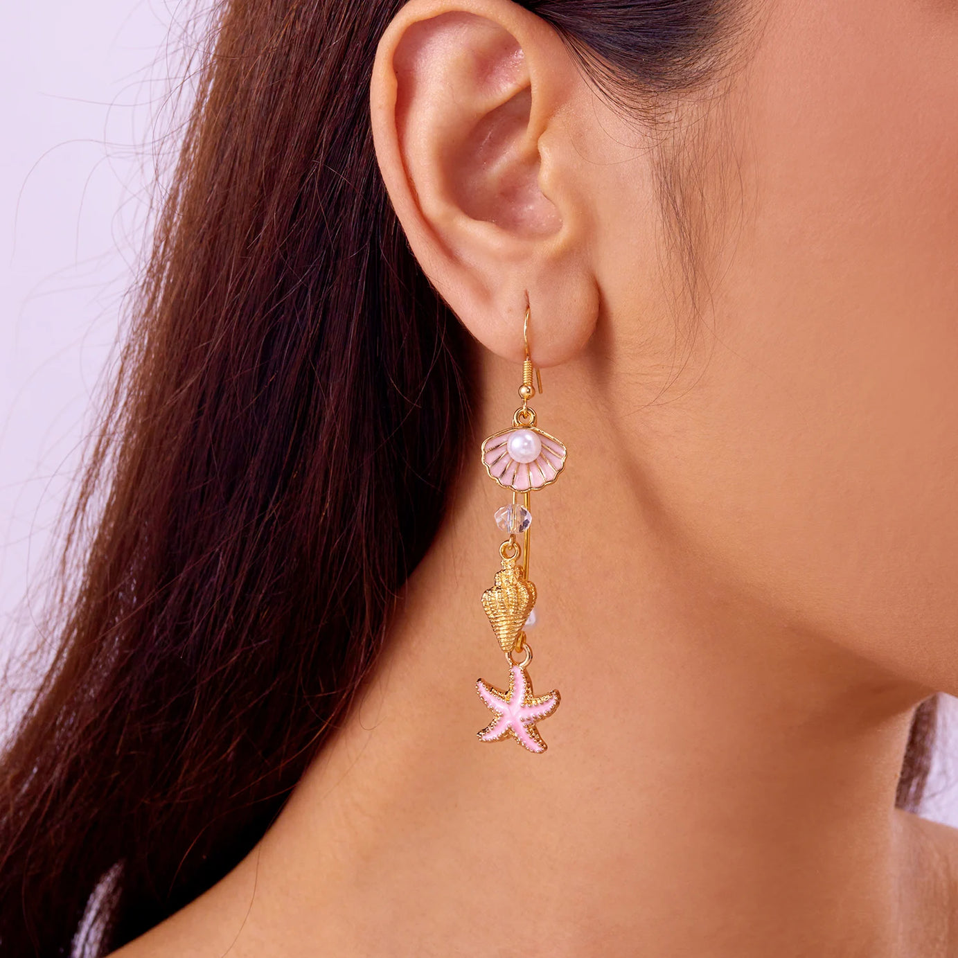 Ocean Style Shell, Starfish and Conch Enamel Drop Earrings