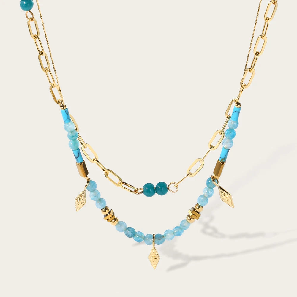 Blue Acrylic Bead Layered Charm Necklace Jewelry