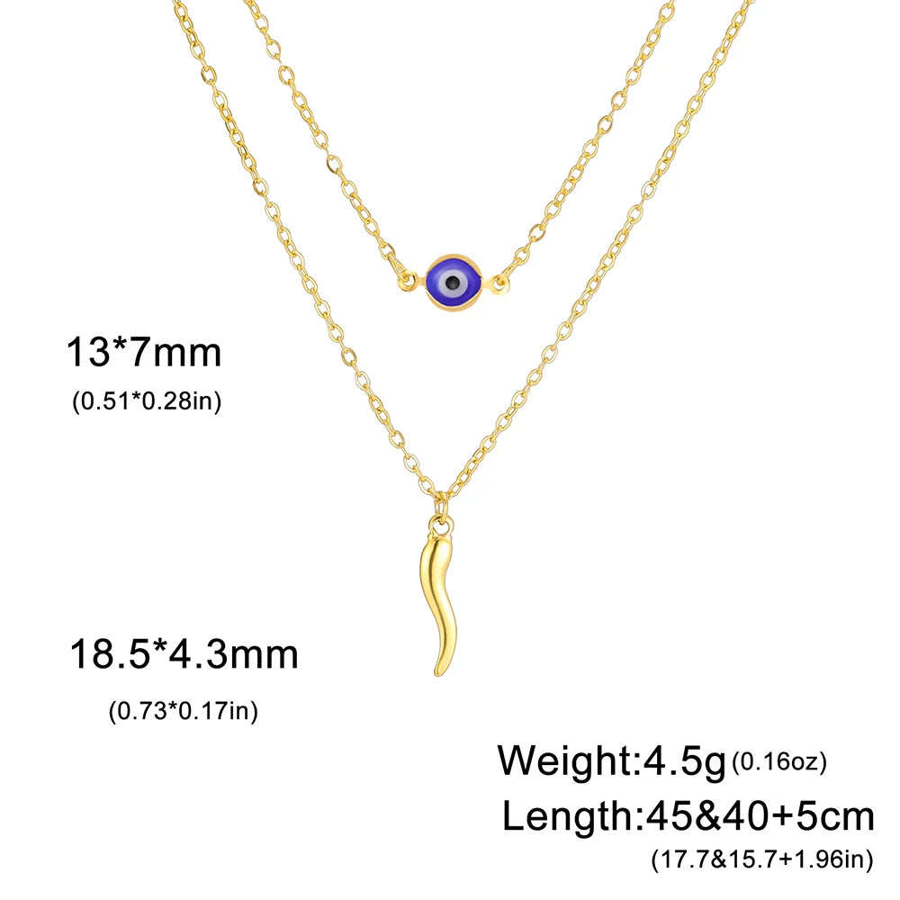Dawapara Italian Horn and Blue Evil Eye Charm Necklace Double Layer Women Necklace Spiritual Protection Amulet Religious Jewelry