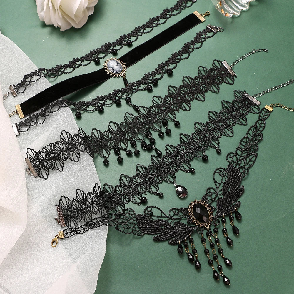 Party Jewelry Gothic Black Beaded Flowers Sexy Lace Neck Choker Necklace Vintage Tassel Chain Women Steampunk Halloween Jewelry - Charlie Dolly