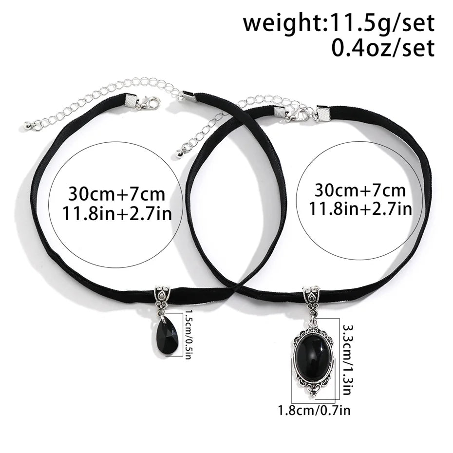 2Pcs Goth Korean Velvet Chain Water Drop Crystal Pendant Choker Necklace for Women Collares Adjustable Choker Halloween Jewelry - Charlie Dolly