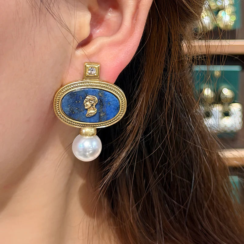 Vintage Cameo Jewelry Set Woman Avatar Pendent Pearl Necklace Lapis Lazuli Stud Earrings Blue Natural Stone Wedding Party 2026
