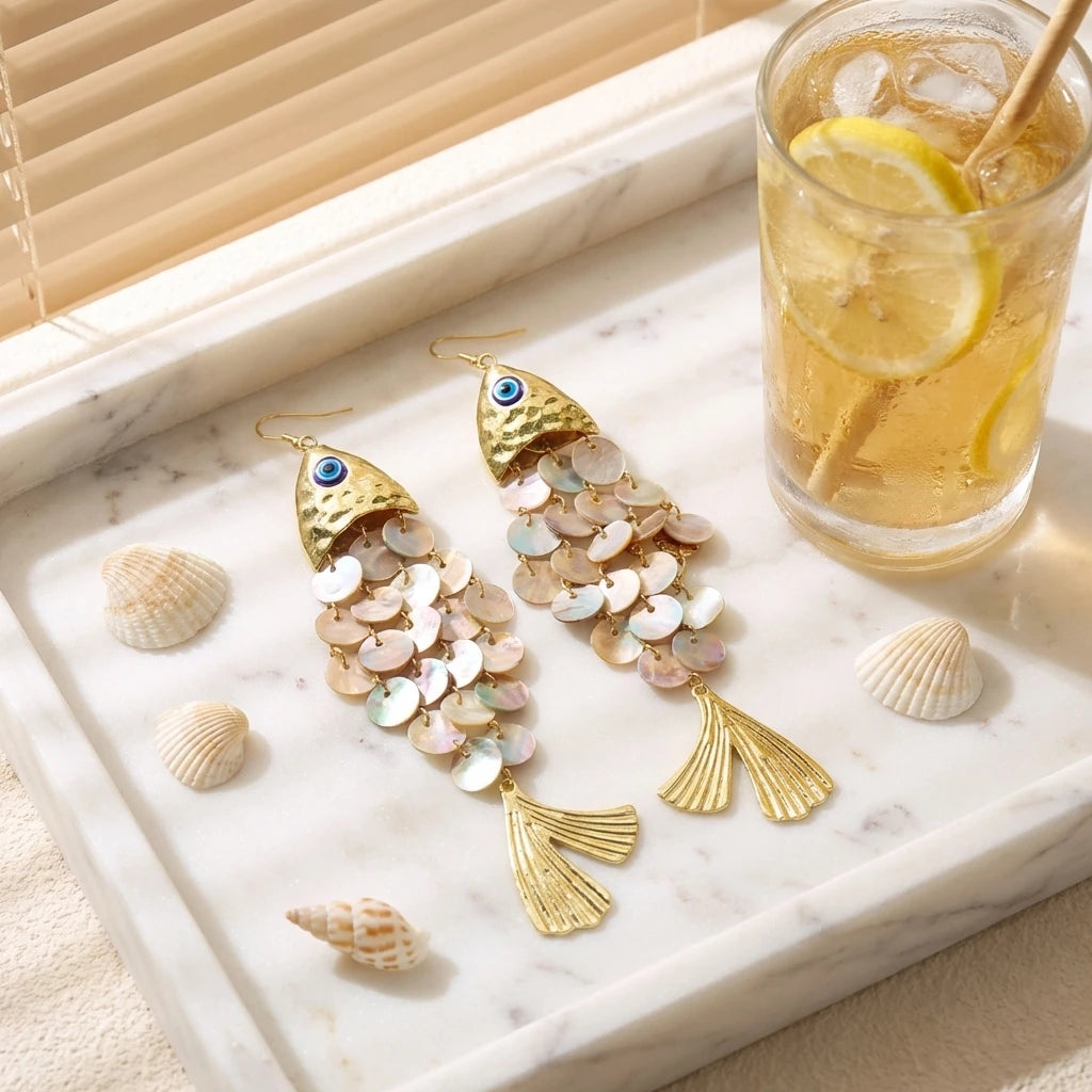 Mediterranean Style Big Fish Statement Earrings for Women Shell Scale Dangle Drop Earrings Boho Summer Vacation Beach Jewelry