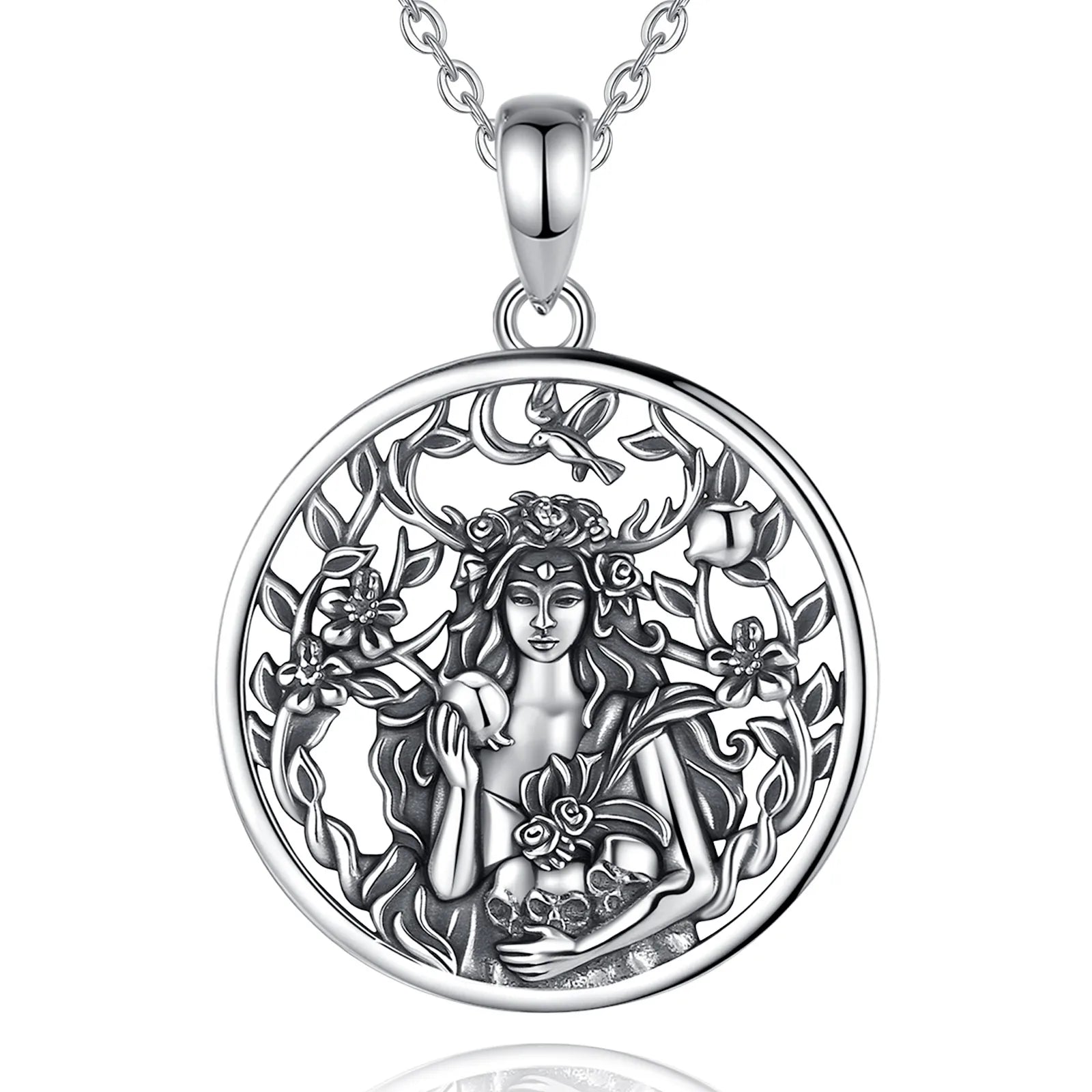 Eudora 925 Sterling Silver Dark Goddess Persephone Necklace Pomegranate Skull Pendant Greek Mythology Pagan Jewelry Gift Unisex