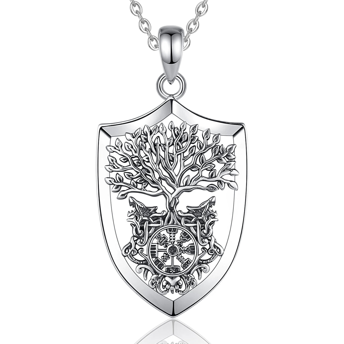 S925 Sterling Silver Viking Yggdrasil Compass Pendant Necklace, Tree of Life Wolf Norse Amulet