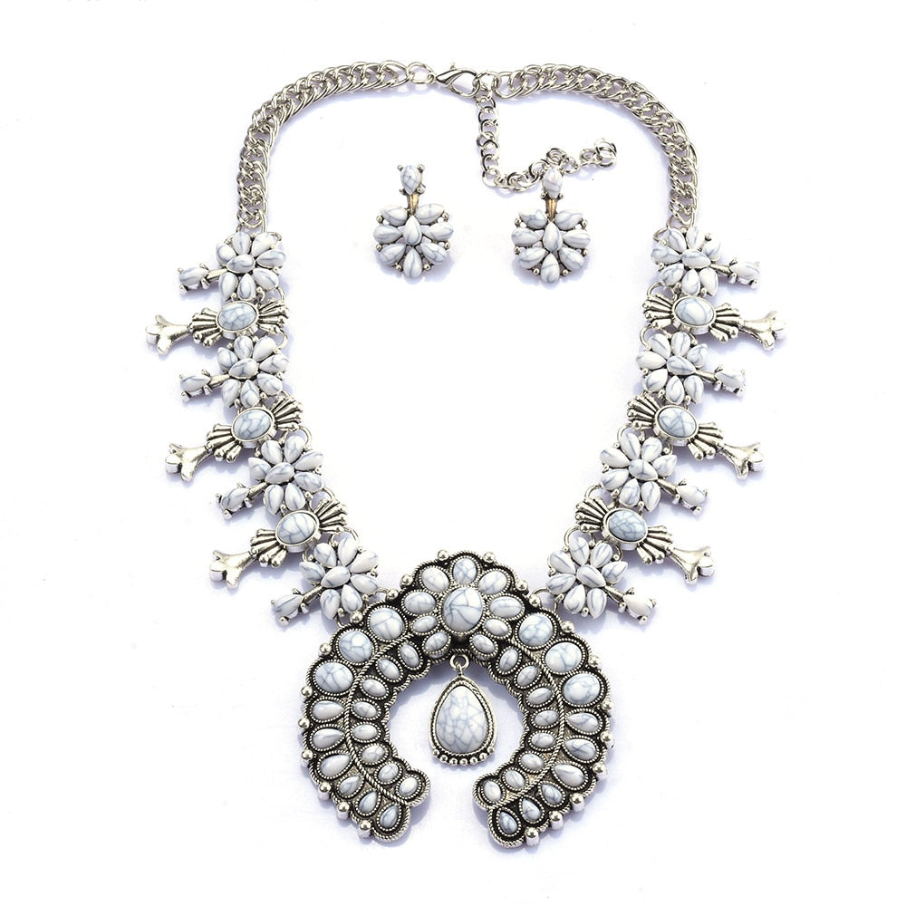 Squash Blossom Turquoise Bib Necklace Southwestern Jewelry Boho Envious Green Howlite Stone Tribal Statement Necklace Sets - Charlie Dolly