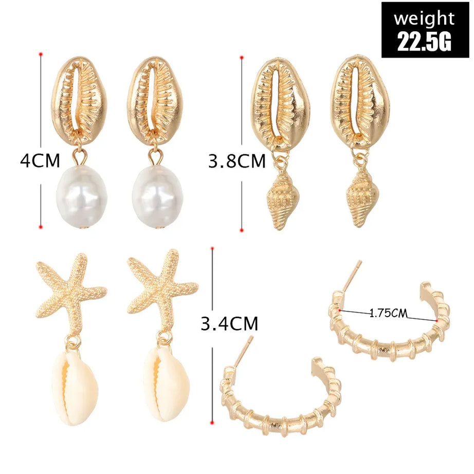 Shell, Starfish and Pearl Bohemian Earring Set (4 Pairs)