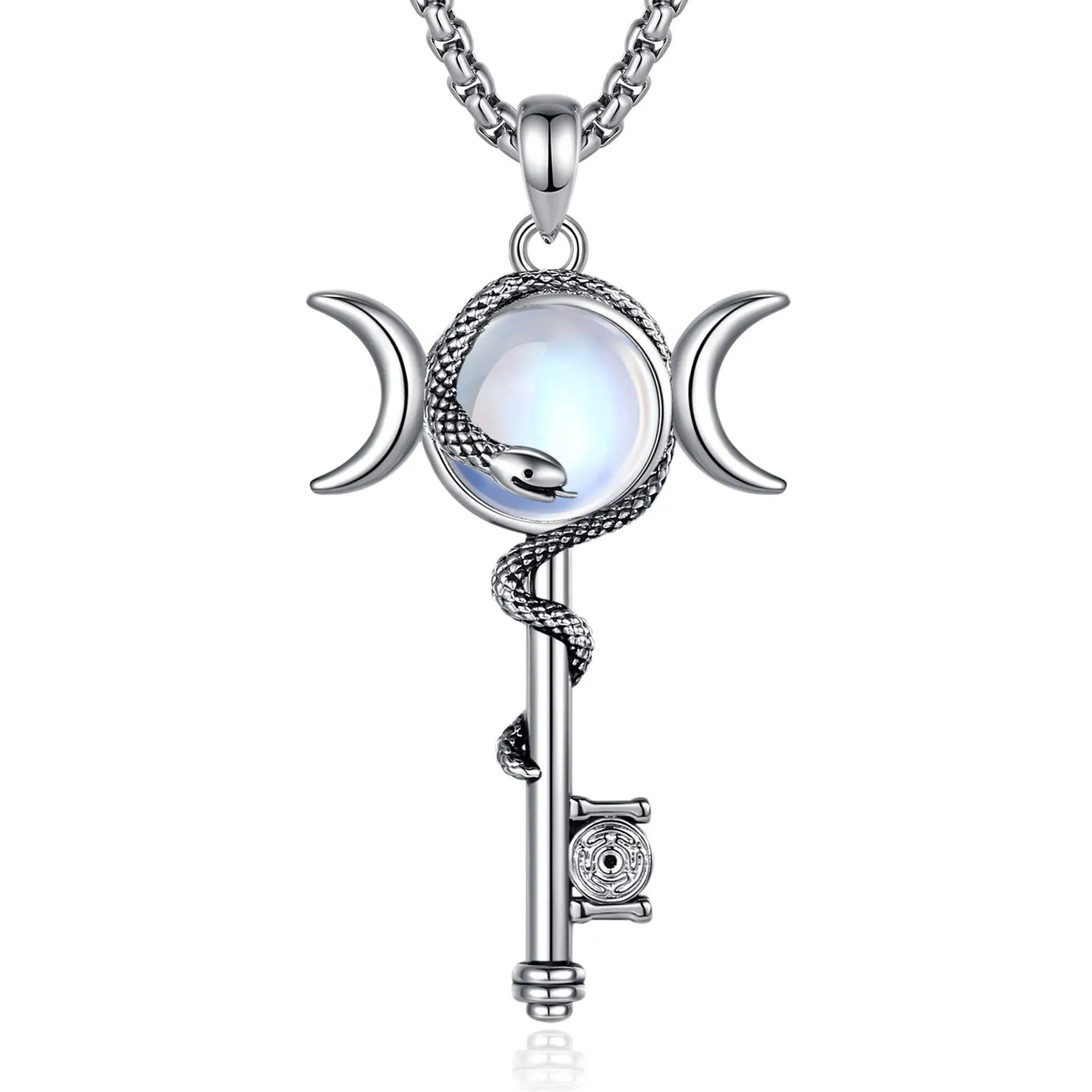 Hecate Key & Triple Moon Goddess Pendant with Moonstone, Sacred Witch Amulet