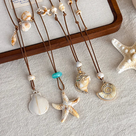 Starfish, Nautilus and Conch Wax Rope Clavicle Necklace