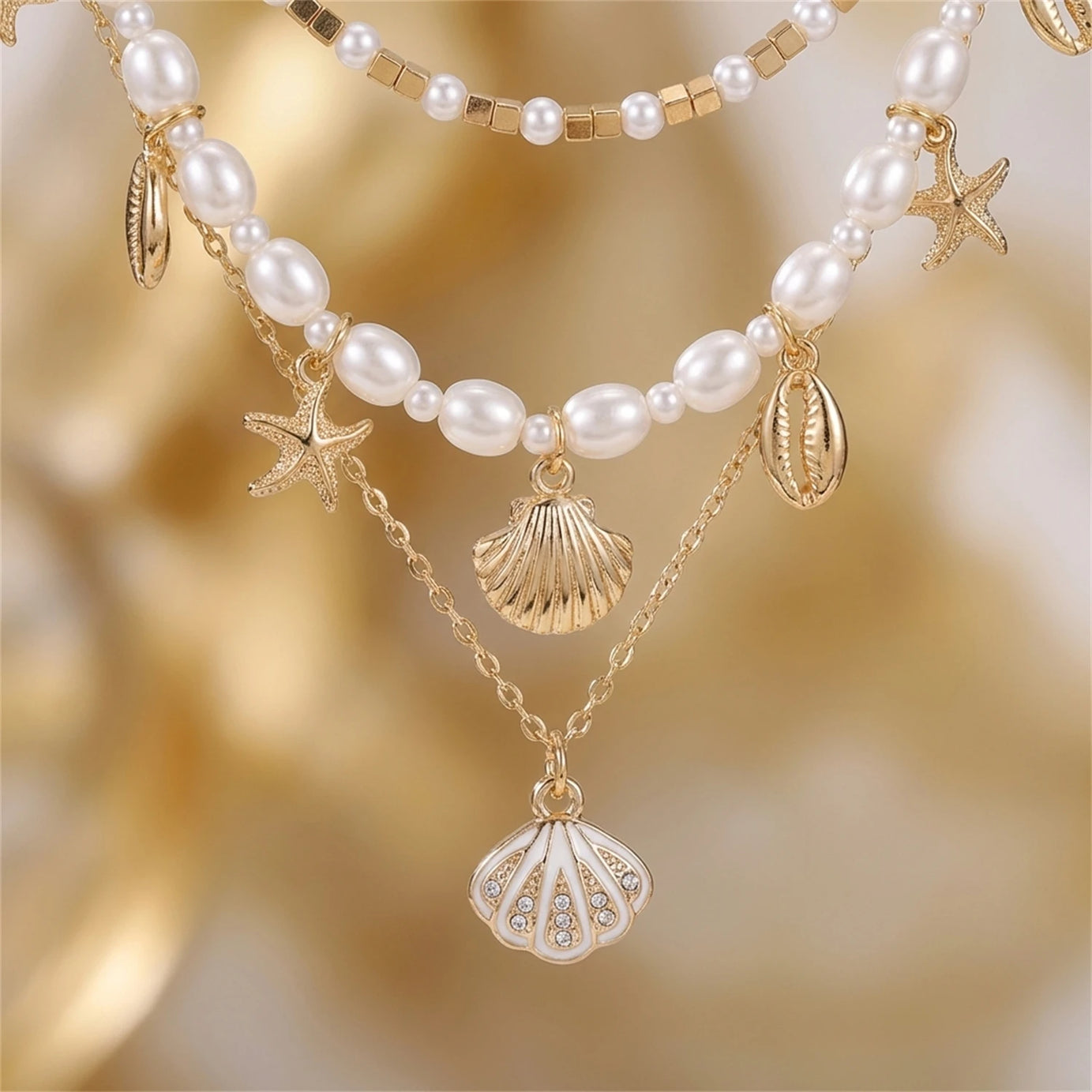 Starfish Shell and Pearl Layered Choker