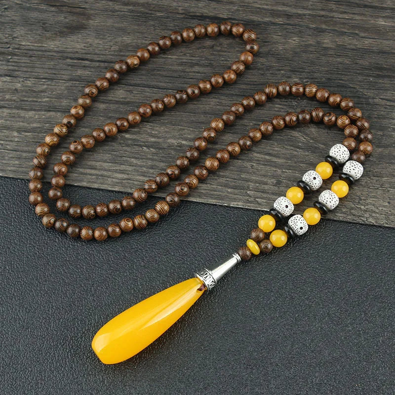 Wood Bead Bodhi Pendant Sweater Chain Necklace Jewelry