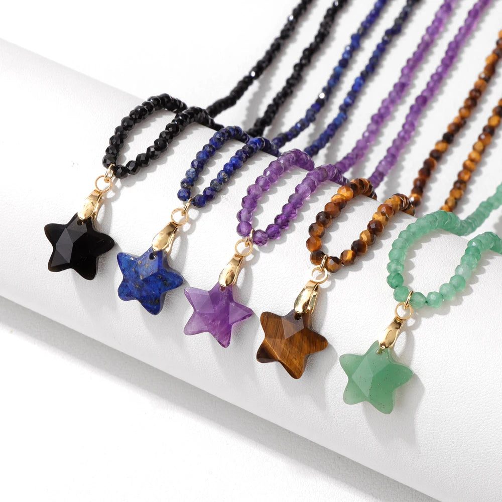 Fashion Boho Beads Necklace Star Shape Natural Stone lapis lazuli Tiger Eye Quartz Beaded Choker for Women Men Jewelry Gift