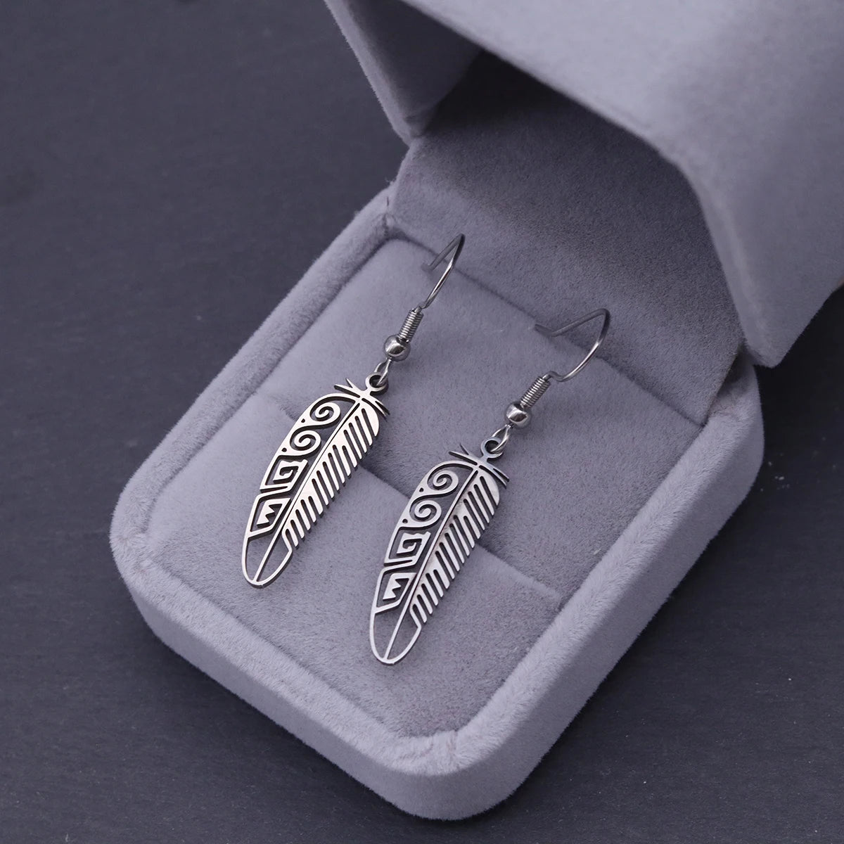 Kinitial Vintage Trendy Feather Drop Earrings For Women Stainless Steel Dangle Earrings Fashion Jewelry Boho Accessories