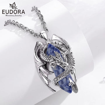 Eudora Dragon Wrapped Dumortierite Hexagonal Crystal Necklace Healing Stone Pendant Spiritual Amulet Jewelry Gift for Women Men