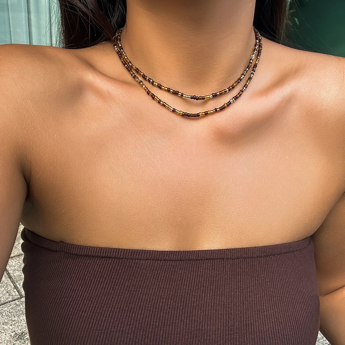 Acrylic Seed Bead Double Layer Choker Necklace Jewelry