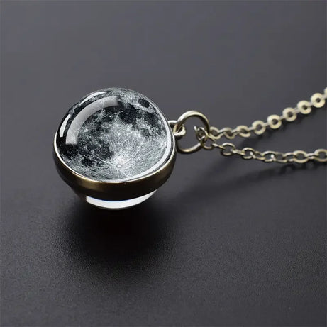 Double-Sided Galaxy Planet Glass Ball Pendant Necklace, Sun Moon Mars Cosmic Talisman