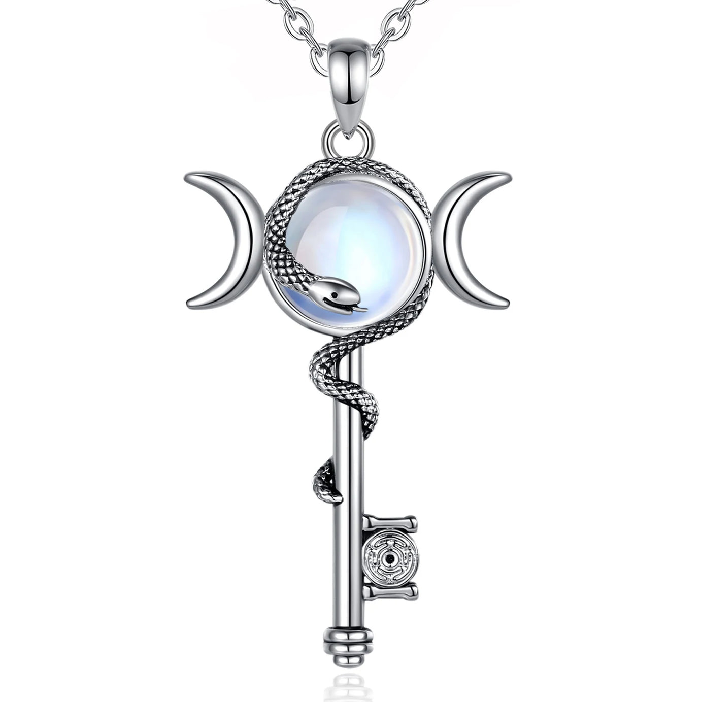 Hecate Key & Triple Moon Goddess Pendant with Moonstone, Sacred Witch Amulet