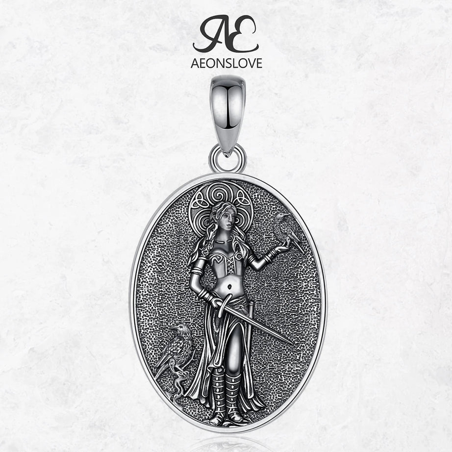S925 Sterling Silver Morrigan Goddess Pendant Necklace, Viking Raven & Triple Spiral Pagan Amulet