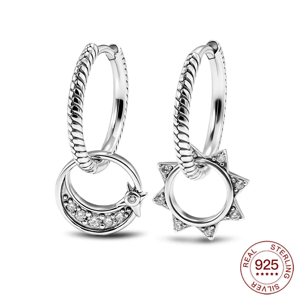 925 Sterling Silver Sun & Moon Asymmetric Hoop Earrings Pave CZ Celestial Design Dangle Earrings For Women Boho Jewelry Gifts